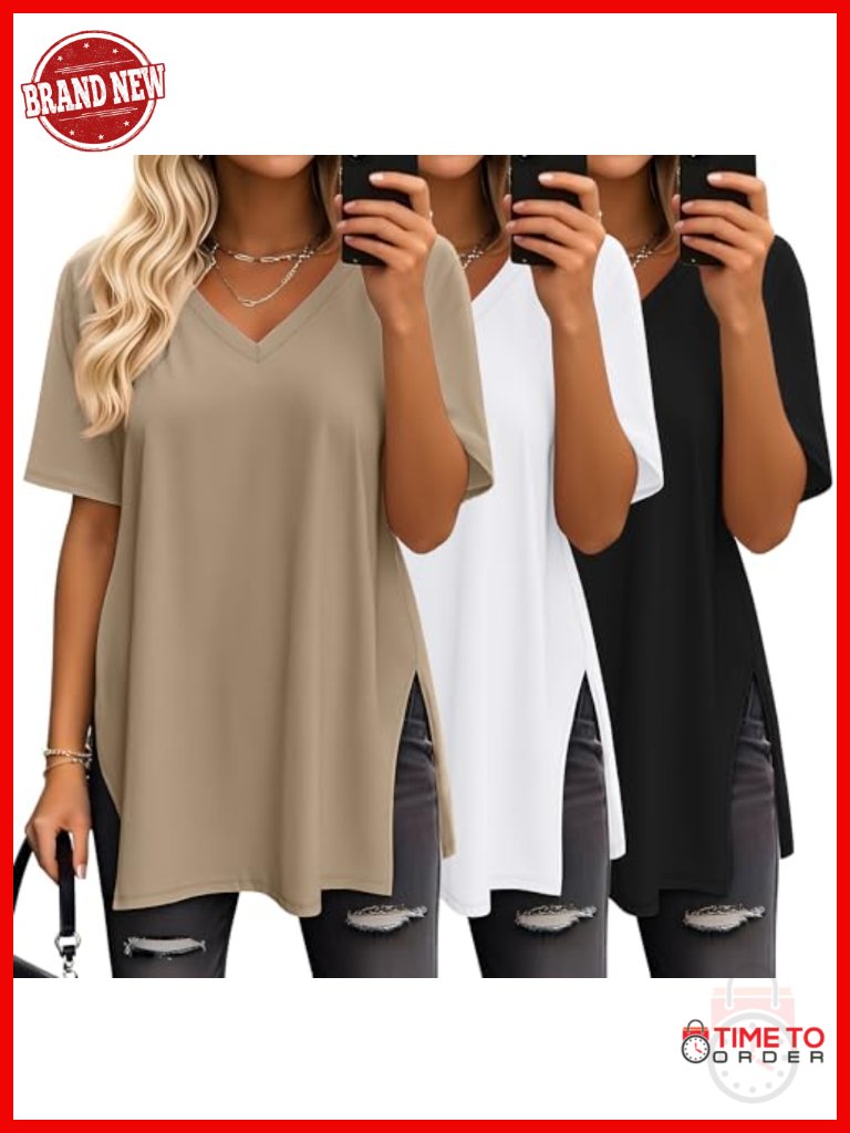 3 Pack Oversized V Neck Tunic Tops Side Split Tee Short Sleeve Loose